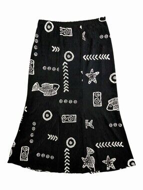 Vintage 90s Seung Lee Black Nautical Novelty Print Midi Skirt | Size Small